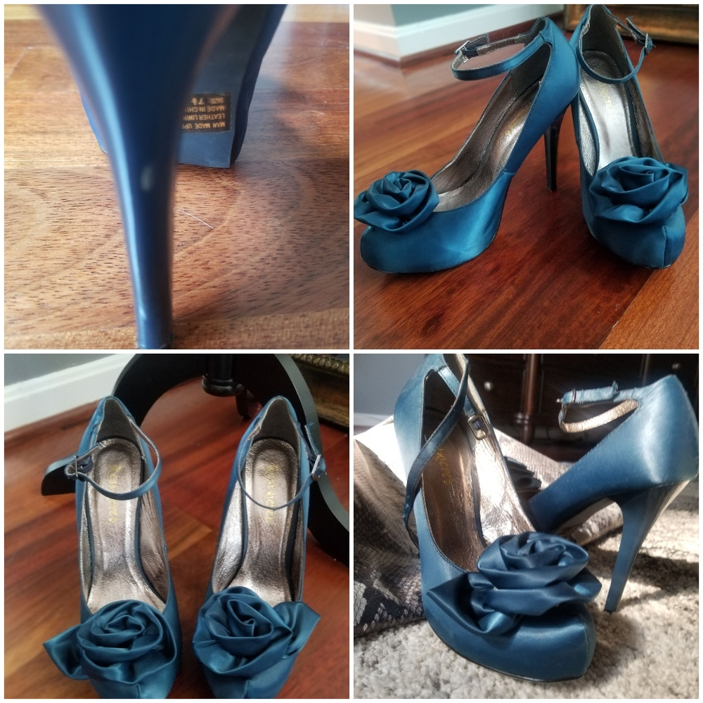 Restricted turquoise satin stilettos 7 1/2